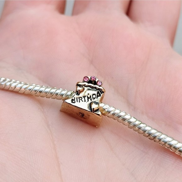 925 Birthday Pink Rhinestone Present Gold Bead Charm - Picture 4 of 5